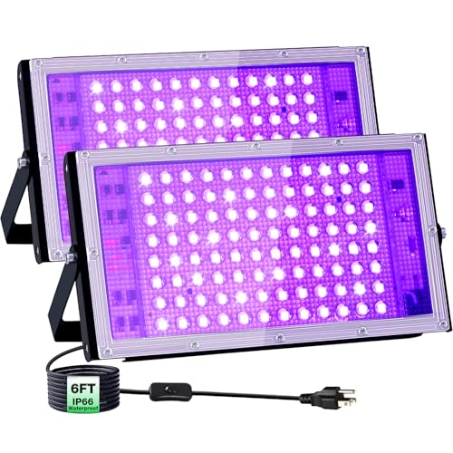 Image of 2 Pack 100W LED Black Light 385-400nm Blacklight Flood Light for Neon Glow Party, IP66 Waterproof 6FT Power Cord+Plug+Switch for Outdoor Spotlight Stage Fluorescent Poster Halloween Body Paint