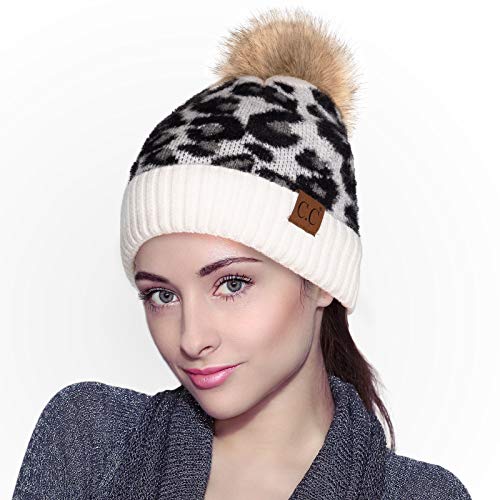 Image of C.C Exclusives Soft Beanie hat with Leopard Pattern and Fur Pom(HAT-7001)(SF-7001)