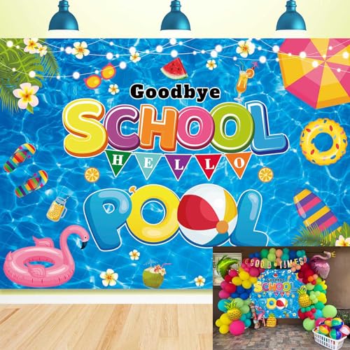 School's Out for The Summer Backdrop Goodbye School Hello Pool Backdrop Summer End of School Year Background for Kids Class Summer Vacation Graduation Party Decorations (210x150cm)
