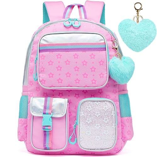 Meetbelify Pink Backpack for Girls School Backpack Aesthetic Backpack for Elementary Student Teen Girls Cute School Bag Kids Kawaii Bookbag for Girls 8-10