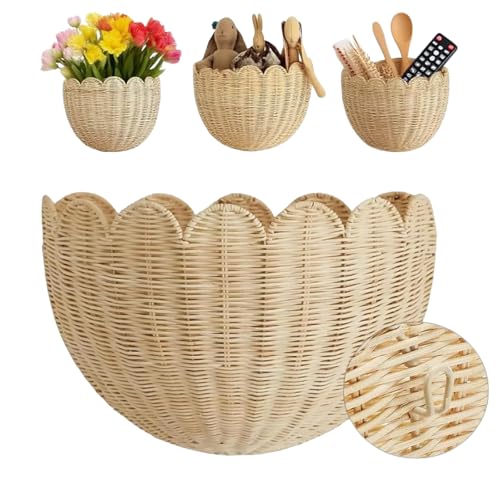 Cestino da parete smerlato, cestino in vimini intrecciato a mano per parete, cestino decorativo in rattan, per ingresso, cucina, ufficio