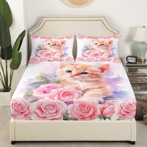 Parure de lit double motif chat et fleurs avec drap-housse et taies - 4