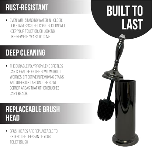 Image of Splash Home Buena Stainless Steel Toilet Brush with Holder, Bowl Scrubber with Durable Cleaning Bristles, Hidden Brush with Splash Protective Disc Design - Black Nickel