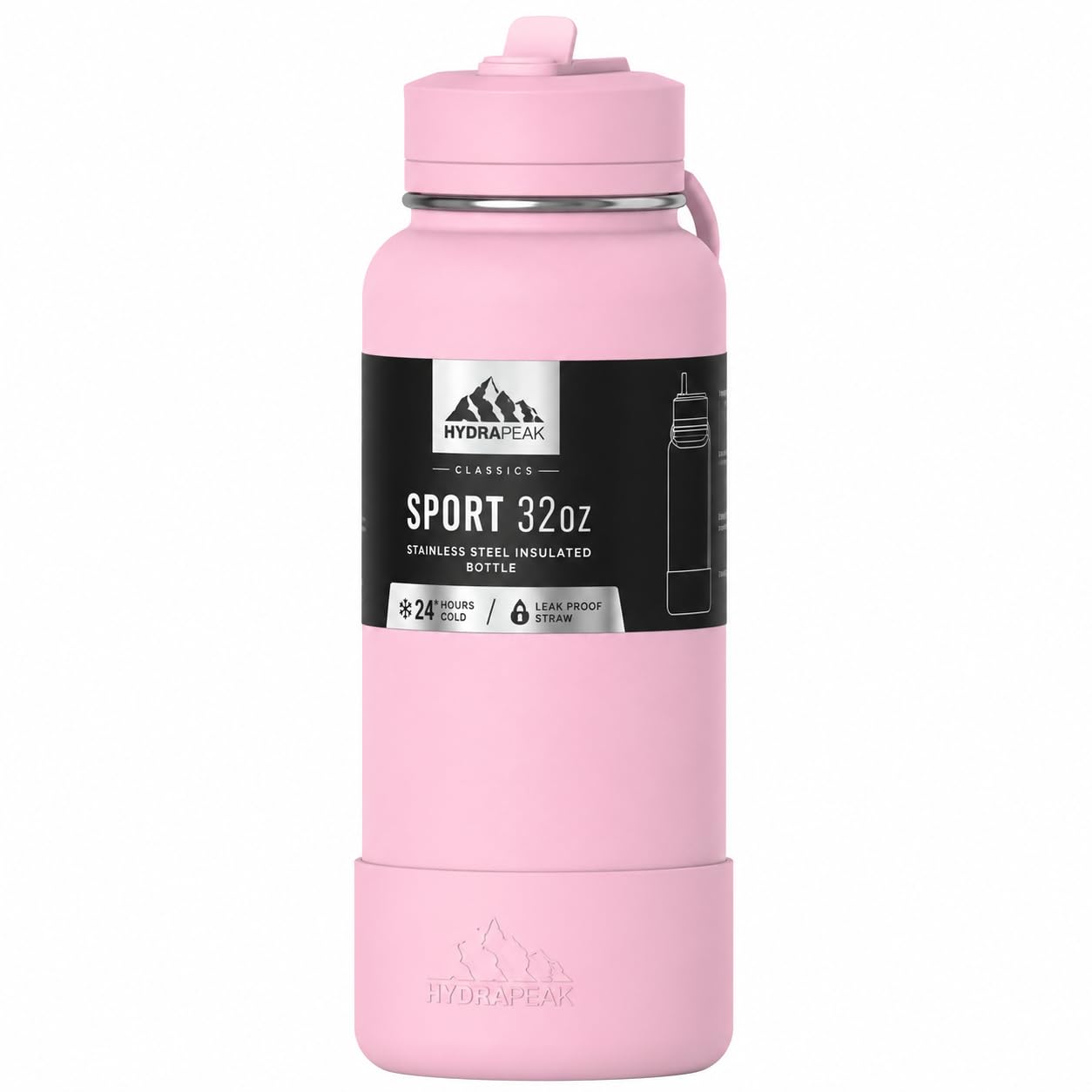 Hydrapeak 32oz Sport Insulated Water Bottle with Straw Lid, Leak & Spill Proof, Keeps Drinks Cold for 24 Hours, Hot for 12 Hours, Premium Stainless Steel Water Bottles (32oz, Baby Pink)