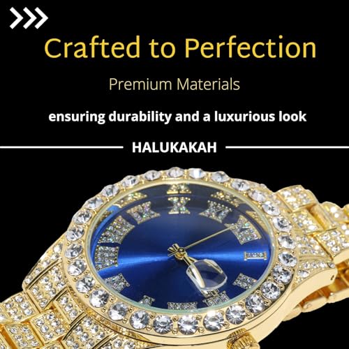 Image of Halukakah Diamonds Gold Watch Iced Out for Boy Teens Kids - 18K Real Gold /Platinum Plated,42mm Blue /Green /Red Dial,Japanese Quartz - 8 inch Length - Optional with Cuban Link Chain,with Watch Adjuster Tool