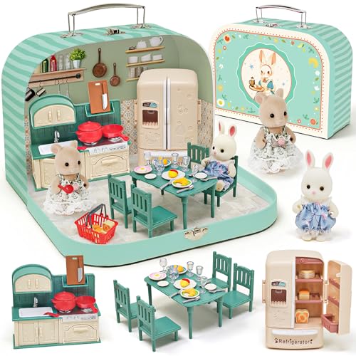 Dollhouse Kitchen Furniture Suitcase Set for Kids 2 Flexible Dolls/Dining Tble/Kitchenware/Tableware/Refrigerator/Bread Pretend Play Dollhouse Accessories Christmas Birthday Gift for Girls Ages 3+