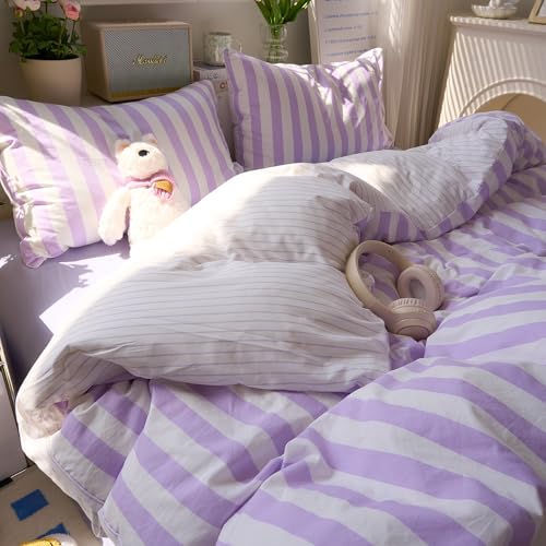 Image of EAVD Farmhouse Purple Striped Duvet Cover King Soft Washed Microfiber Pink White Vertical Striped Bedding Set with 2 Pillowcases Modern Geometric Pattern Duvet Cover with Zipper Closure
