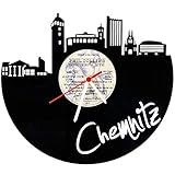 GRAVURZEILE Schallplattenuhr - Skyline Chemnitz - Wanduhr aus gegossenem Vinyl mit Stadt Skyline 30 cm - Upcycling Design-Uhr Wand-Deko Vintage-Uhr Wand-Dekoration Retro-Uhr - Made in Germany