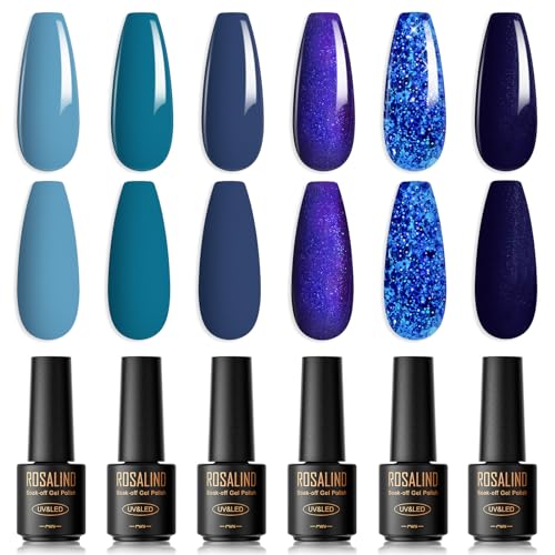 ROSALIND Esmaltes Semipermanentes Para Uñas, 6 Colores Mini Azul (Pálido, Lago, Tibetano, Marino) Con Glitter, Pintauñas Soak Off UV/LED Gel Uñas DIY Manicura Nail Art Set