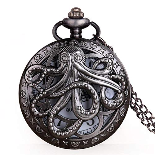 ZFHGT Quartz Pocket Watch for Men, Vintage Octopus Hollow Half Hunter Quartz Pocket Watch Steampunk Black Pocket Watch with Necklace Chain Gift for Kids Black-White