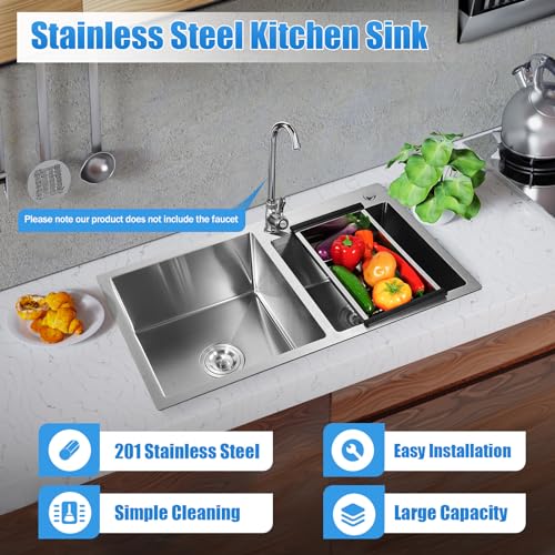 Fregadero de cocina de 2 bandejas rectangular encastrable en acero inoxidable con escurridor 5