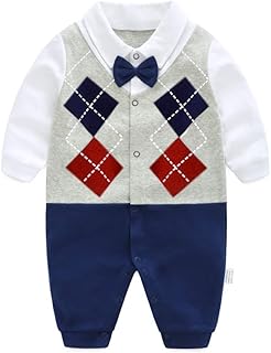Newborn Baby Boys' Gentleman Romper Clothes Suit Long Sleeve Jumpsuit Outfit with Bow Tie - Buy now