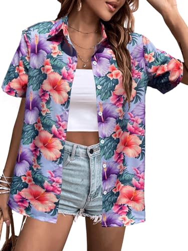 Hawaiian Button Up Shirts Women Floral Palm Trees Graphic Tees Hawaii Vacation Beach Short Sleeve Blouse Tops