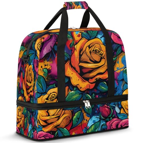 Graceful Rose Flower Printing Travel Duffle Bag, Collapsible Travel Bag Sports Gym Bag With Shoes Compartment Weekender Bag Overnight Bag For Women Men