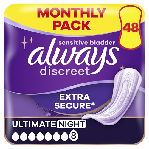 Always Discreet Incontinence Pads Women, Ultimate Night, Absorbency 8, 48 Sanitary Towels (12 x 4), Extra Secure Bladder Weakness, Odour Neutraliser