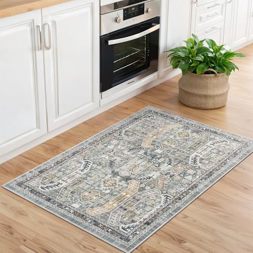 Madane Washable Area Rug 2x3, Small Entryway Rug Non-Slip Vintage Door Mat Indoor Entrance, Low Pile Floor Carpet for Inside Front Door Bedroom Kitchen Entry Laundry (2'x3', Green/Gold)