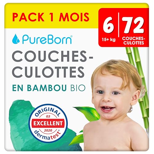 Couches culottes taille 6 PureBorn en bambou pour bébé de 15 kg et plus x72
