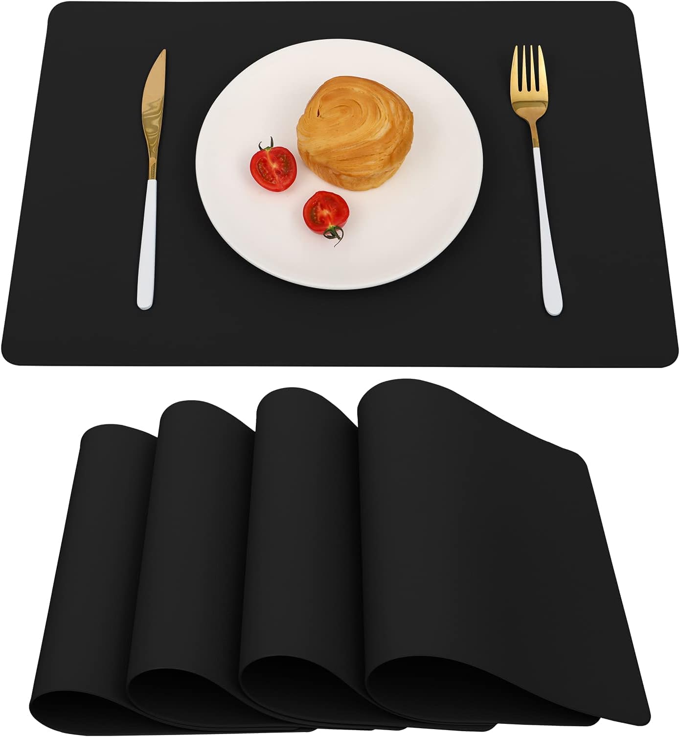 Vinjiasin Black Leather Placemats for Dining Table Set of 4, Waterproof Wipeable Placemats, Heat Resistant Non Slip Rectangle Indoor Place mats, Easy to Clean Christmas Decorations