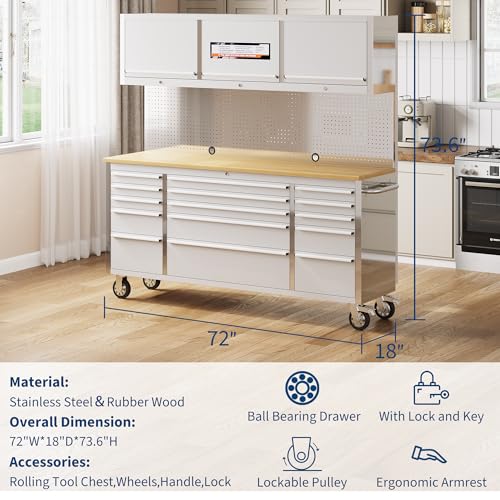 Image of PeakPursuit 72 inch Rolling Tool Chest with 15 Drawers, Solid Rubber Wood Workbench Top, Locking Wheels & Key Lock, Mobile Garage Tool Cabinet for Workshop Storage and Organization, Silver