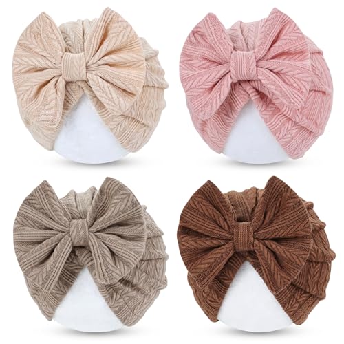 Image of Cinaci 4 Pieces Baby Girls Turban Hats with Bow Newborn Hospital Caps Bonnets Beanies Headwraps for Infants Toddlers