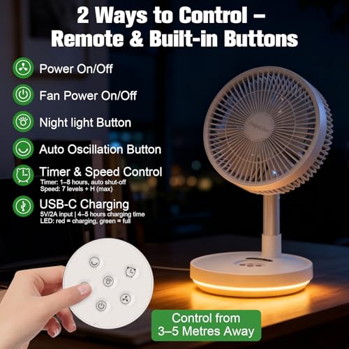 Portable Foldable Rechargeable Oscillating Fan, 10" 10000mAh Battery Operated USB Fans, Remote Control LED Lighting, Quiet Table Desk Fan Folding Standing Pedestal Fans for Bedroom Rome Office Camping - Image 6
