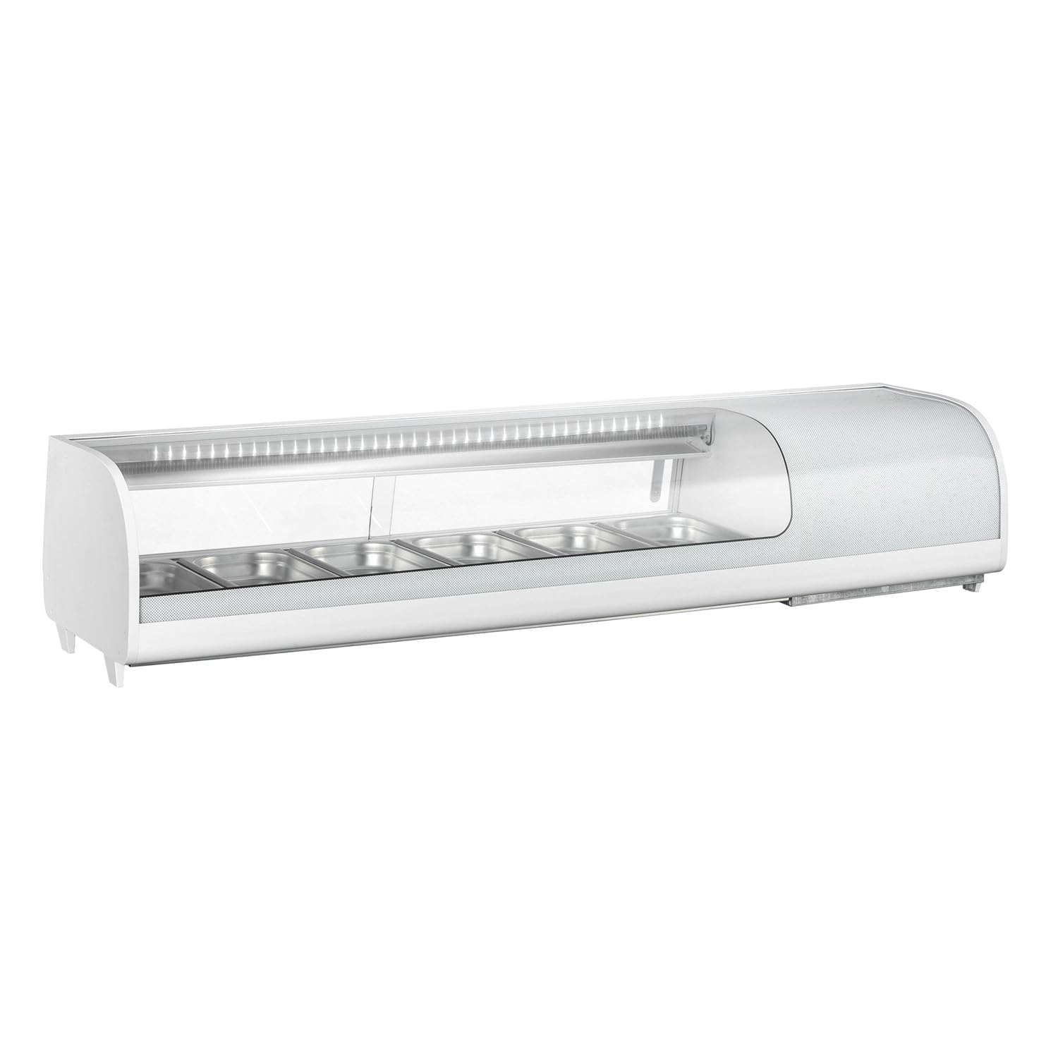 Ristoattrezzature Vetrina frigo sushi 150x40,6x31,6h cm 6 gn 1/3 refrigerata da banco bianca con vetri curvi e motore incorporato