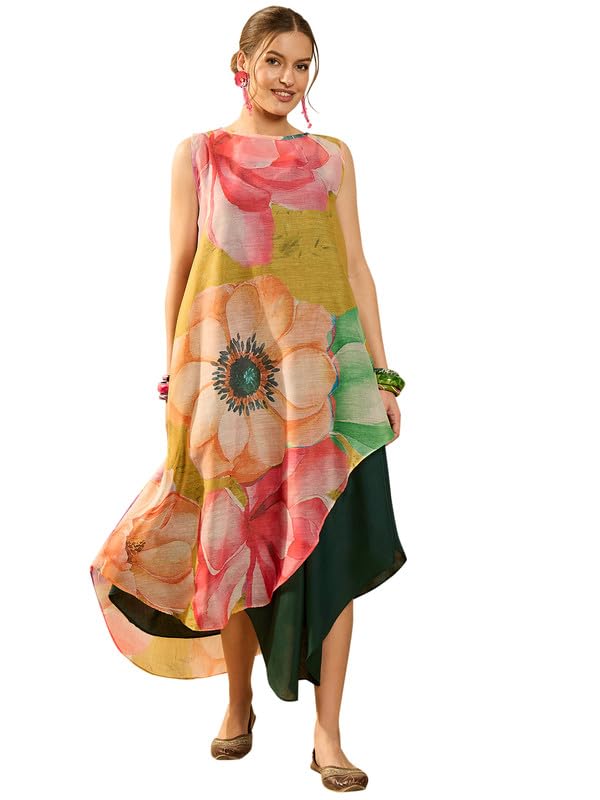 Lemon Yellow Floral Green 2 Piece Assymetrical Dress-image-25