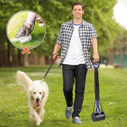 Image of Pooper Scooper,Dog Pooper Scooper,Pooper Scooper for Large Dogs,Folding Dog Poop Scooper, 28 inch Long Handle No-Bend Cleanup,with Durable Spring,Works on Grass /Dirt /Gravel & More Surfaces (Blue)
