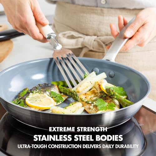 GreenPan Treviso Stainless Steel Healthy Ceramic Nonstick, 9.5" and 11" Frying Pan Skillet Set, PFAS-Free,Clad, Induction, Dishwasher Safe, Silver - Image 4