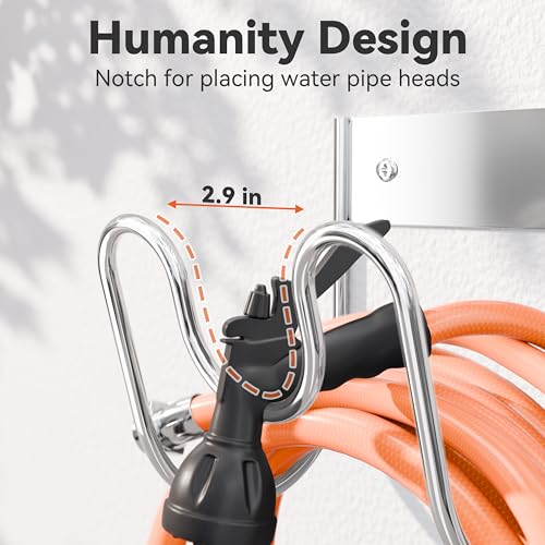 Image of Stainless Steel Garden Hose Holder - Extra Large Heavy Duty Silver SS304 Wall Mounted Hanger for Water Hose, Extension Cords, Vacuum Lines, Anti-Rust
