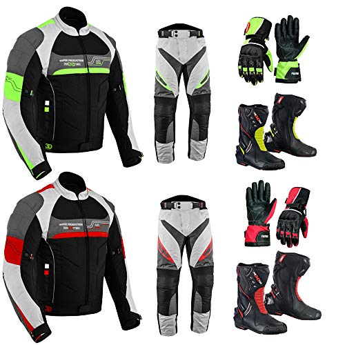 Full Waterproof Motorcycle 2-Piece Suit Set (Jacket + Pants) With CE Armor – Includes Boots, Gloves, Balaclava (Red, Medium)