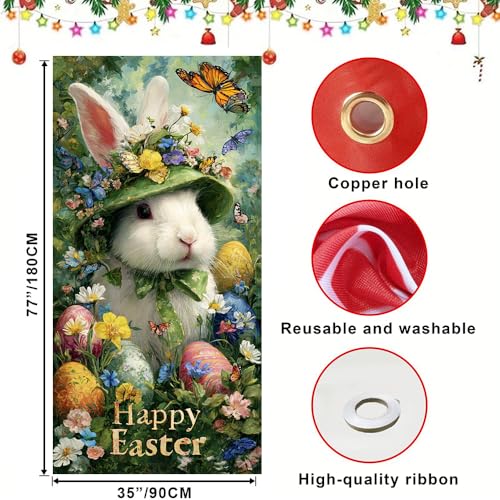 Image of Happy Easter Door Cover Bunny in Flower Hat Banner Spring Front Door Decorations Oil Painting Style Outside Party Home Decor 35.4x71 Inch