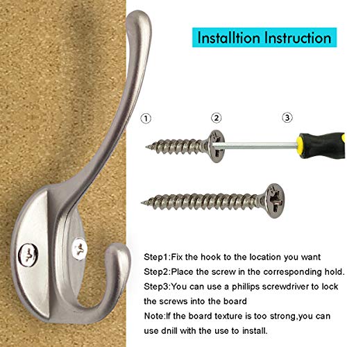 Ibosins CH10 10 Pack Heavy Duty Dual Coat Hooks Wall Mounted With 40 Screws Retro Double Hooks Utility Silvery Hooks For Coat, Scarf, Bag, Towel, Key thumb #3