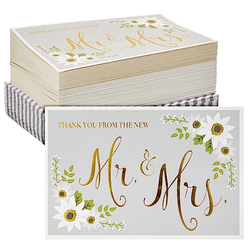 Wedding Thank You Cards - 48-Pack Gold Foil Thank You from The New Mr. and Mrs. Greeting Card, Envelopes Included, 10.2 x 15.2 cm