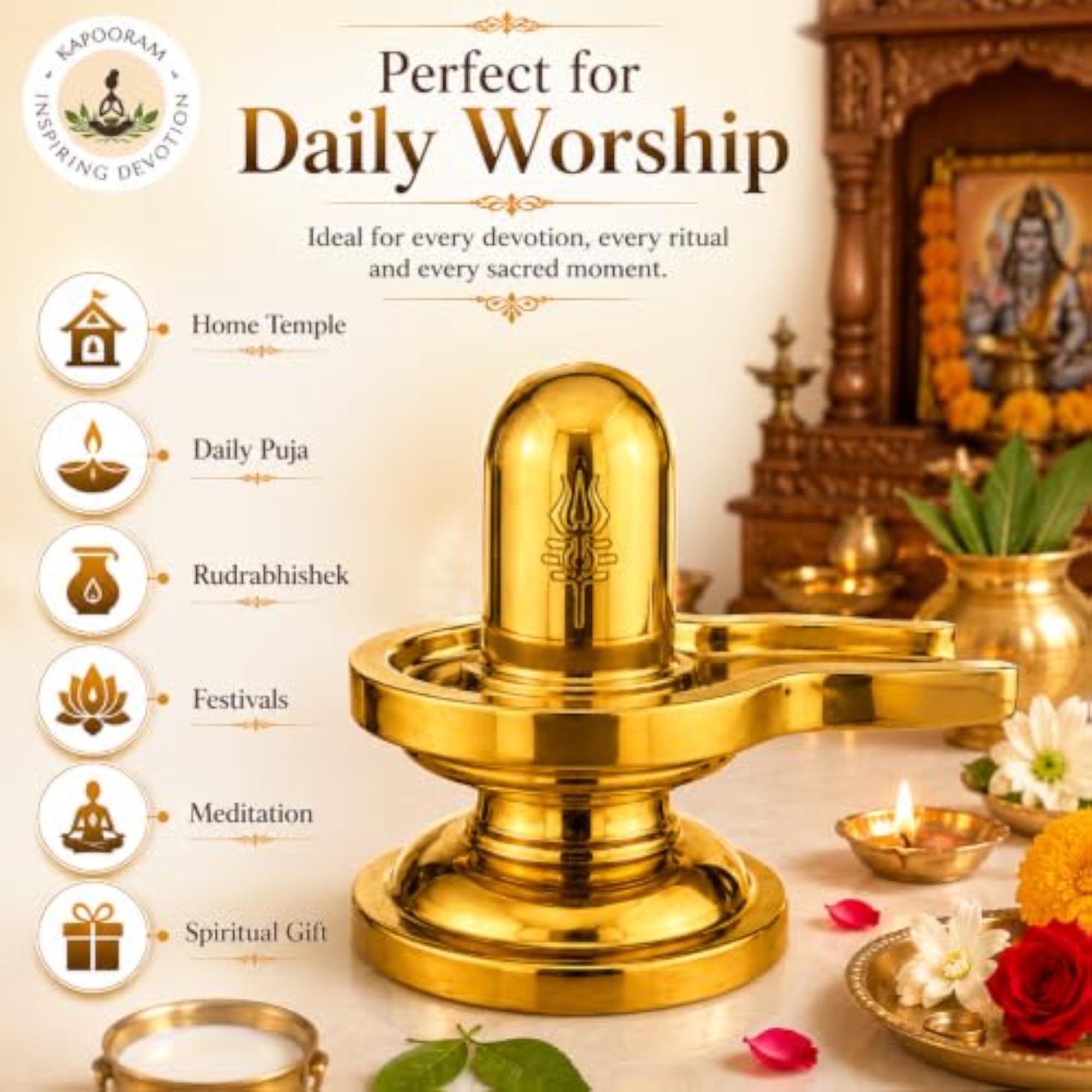 Brass Shivling Idol for Home Temple, 3.5 Inch