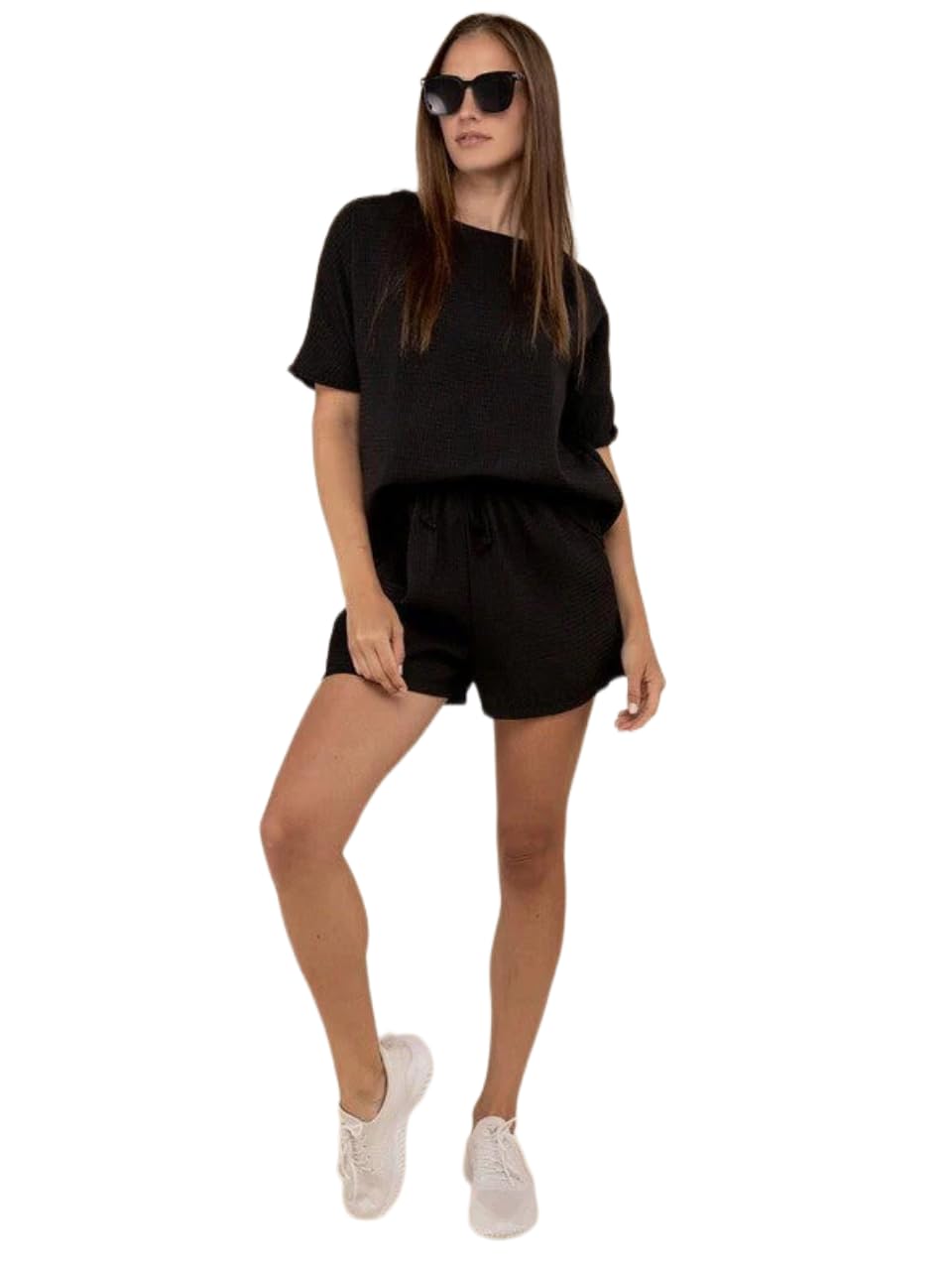 Women Waffle Co-Ord Set Round Neck T-Shirt & High Waist Shorts Lounge Set, Casual Summer Two Piece Outfit for Western Dress For Women-image-20