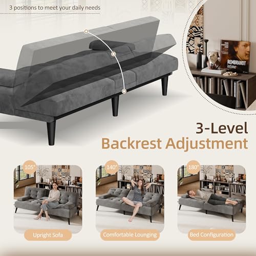 Image of Shintenchi Futon Sofa Bed, Velvet Foldable Couch, Reclining Sleeper with Removable Armrests, Upholstered Loveseat Sofa Couch with Folding Cup Holders for Home, Office, Gray