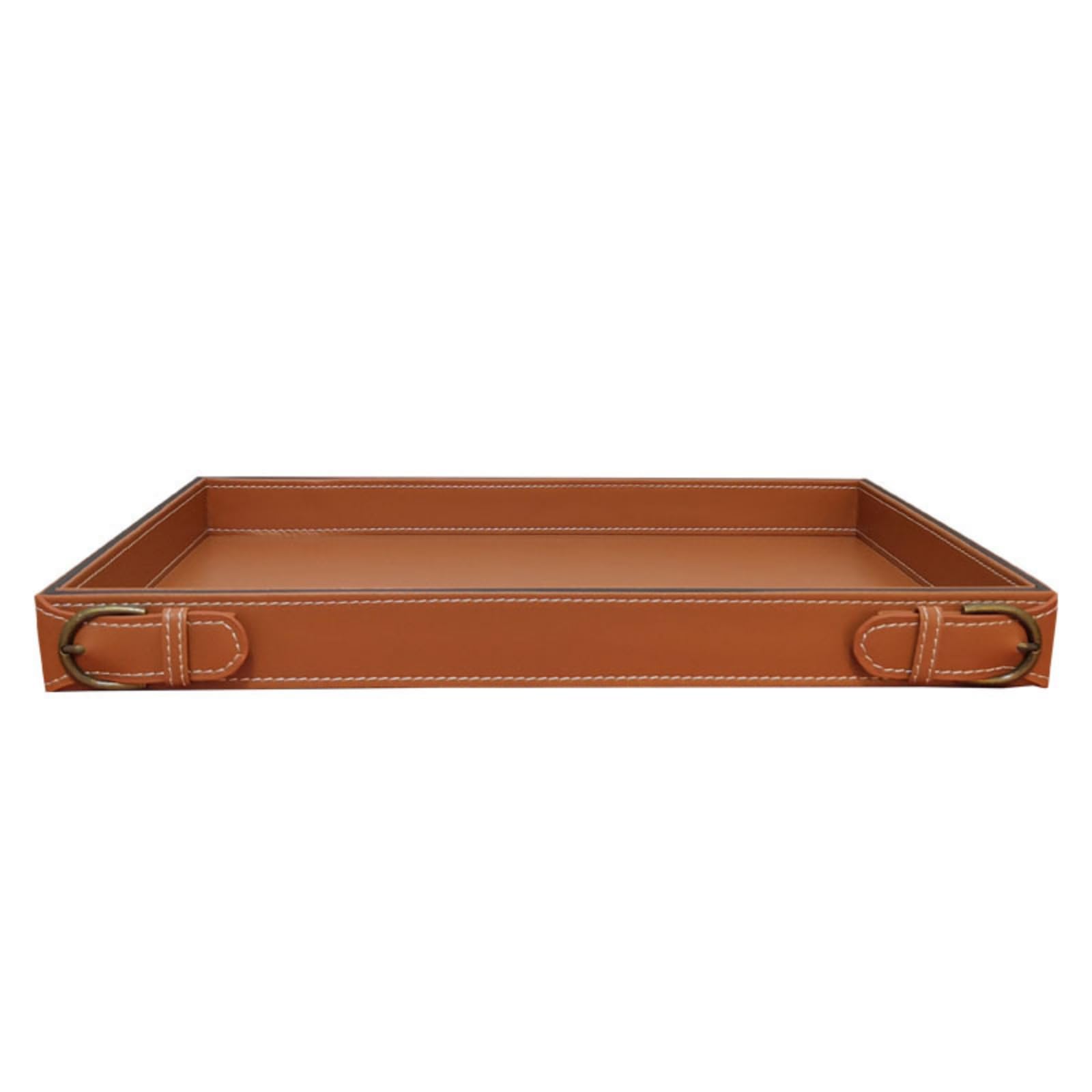 Bandeja Rectangular Bandeja Organizador Centro de Mesa Bandeja de Servicio con Exterior de Piel Sintética y Esquinas Metálicas Costuras Contrastadas y, Marrón Oscuro, 435 300 50mm