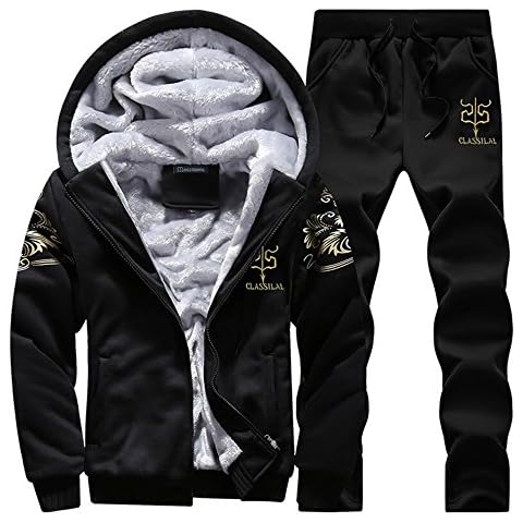 MANTORS Men's Tracksuit Winter Soft Hooded Fleece Sweatsuits Warm Pullover Coats 2 Pieces Outfits Set D76 Black M Cover