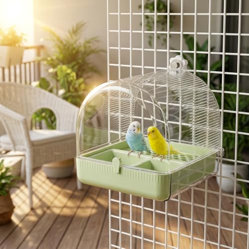 Image of Qpets3-in-1 Bird Bath & Feeder Box Bird Cage Mounted Bathing Dome with Dual Food Trays & Grid Perch Platform, BPA-Free Bird Cage Feeder and Bath Station, Removable Cleaning Base, 16x17x18.5cm