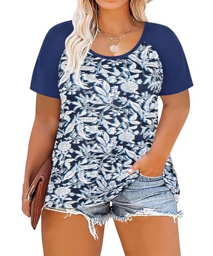 Image of CARCOS Plus Size Tops for Women Short Sleeve Raglan Striped Tee Color Block Crewneck /V Neck Tunic Loose Fit Summer XL-5XL