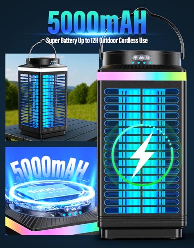 Image of Bug Zapper Outdoor Cordless, 4200V Electric Mosquito Zapper with LED Blue Light, 3 in 1 Portable & Rechargeable Bug Zapper Outdoor Waterproof IP67, Wireless Hanging Fly Zapper for Patio Camping