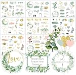 Wedding Stickers for Scrapbooking, 8 Sheets 200+ Pcs Gold-Green Romantic Anniversary Wedding Scrapbook Stickers for Scrapbook Planners, Self-Adhesive Waterproof Bridal Supplies for Bottles Laptops