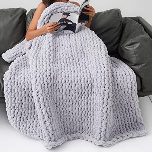 FACEBOX Chunky Knit Blanket 50"x60", Soft Cozy Chenille Throw Blanket, Large Cable Knit Throw Blanket for Bed, Sofa, Home Decor, Gift (Gray, 4.85 lbs)