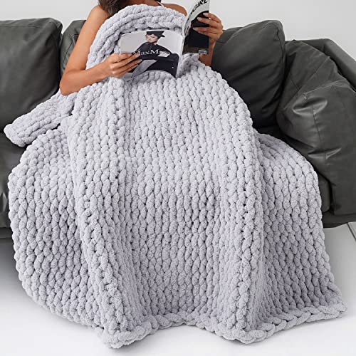 Facebox Chunky Knit Blanket 50"X60", Soft Cozy Chenille Throw Blanket, Large Cable Knit Throw Blanket For Bed, Sofa, Home Decor, Gift (Gray, 4.85 Lbs) #TOP8