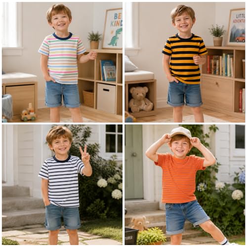 Image of Mud Kingdom T-Shirt for Boys Short Sleeve Plain Cotton Classic Summer Casual Stripe