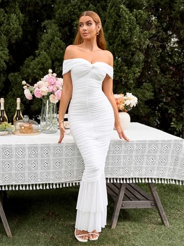Image of URYIAO Off Shoulder Maxi Dress for Women Ruched Bodycon Formal Wedding Guest Long Dresses L White