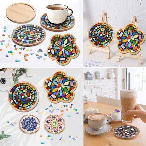 Nuyoach Diy Mosaic Craft Kit For Adults,Stained Glass Kits Mosaics Tiles For Crafts With Large Wooden Coaster Making Materials Package,Mosaic Ceramic Bulk Supplies For Women Kids Beginners Decor Gifts