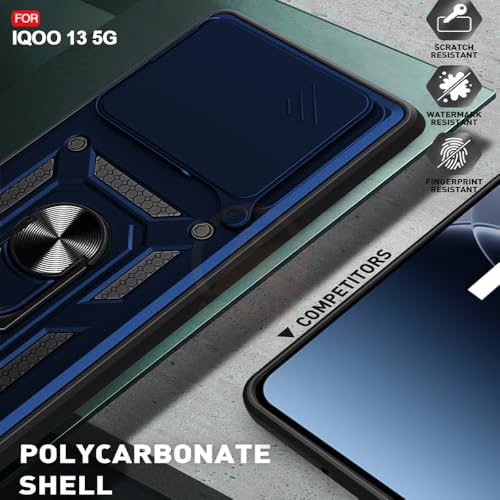 Image of Armor Bumper Back Cover Case for IQOO 13 5G Rotating Camera Cover, Ring Holder & Kickstand | Heavy Duty & 360 Degree Protection IQOO 13 5G Back Cover (Blue)