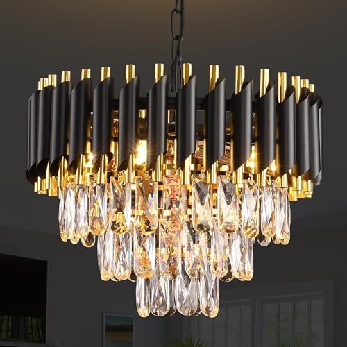 Image of Manraj Modern Crystal Chandelier, 40 cm Round, 3-Tier Black and Gold, K9 Crystal Ceiling Light Fixture for Living Room and Hallway (Black & Gold, 400mm)